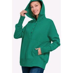 Zenana Half Snap Long Sleeve Hoodie with Kangaroo Pocket Women's Size Large